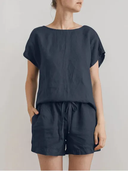 Women's Cotton And Linen Casual Breathable Suit Dark Blue - Shop at LoveMi