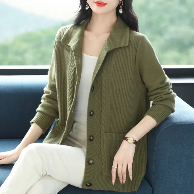 Covering Belly Thin Plus Size High Lapel Knitted Cardigan For Women Grass Green - Shop at LoveMi
