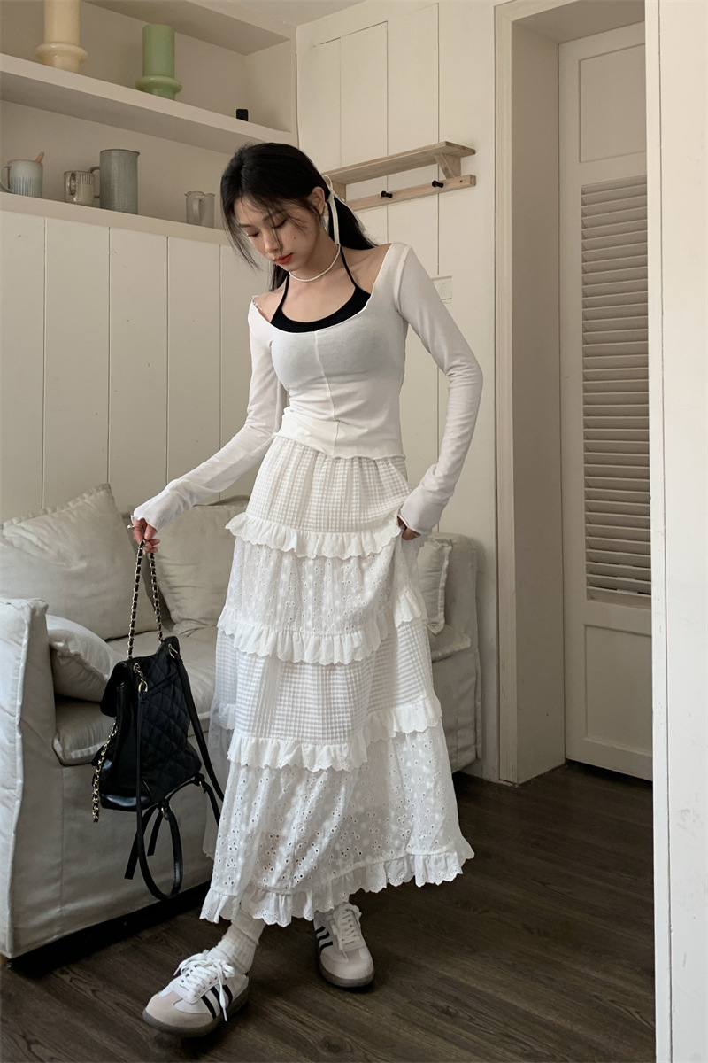 Three-dimensional Crochet Hollow Out Stitching Loose High Waist Skirt