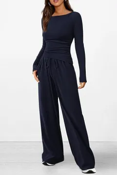 Casual Suit Asymmetric Long-sleeved T-shirt Wide-leg Pants Sportswear - Navy Blue - View 1