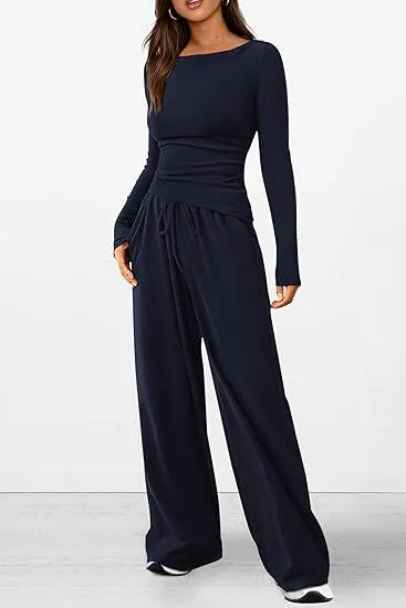 Casual Suit Asymmetric Long sleeved T shirt Wide leg Pants Sportswear Navy Blue - Shop at LoveMi