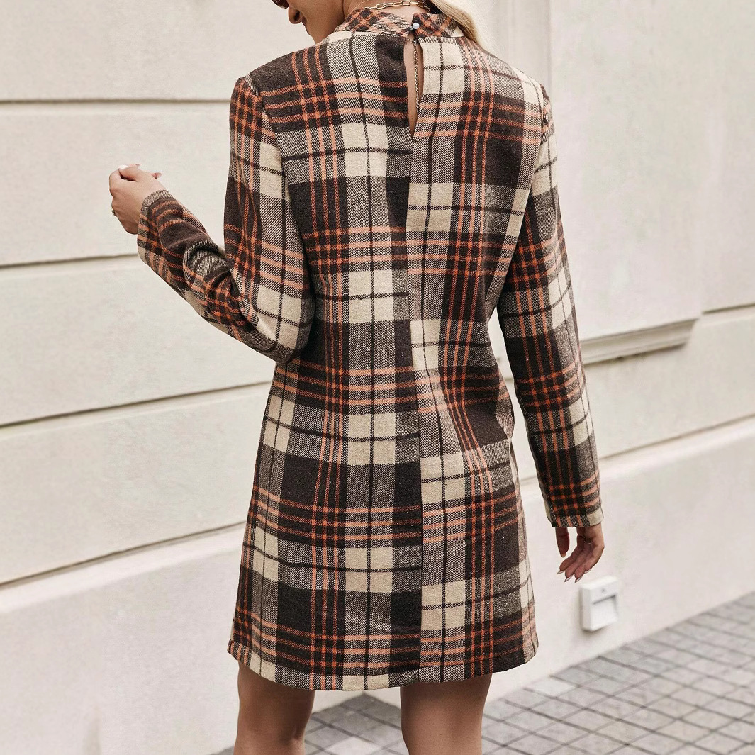 European And American Long Sleeve Plaid Dress Women's Clothing