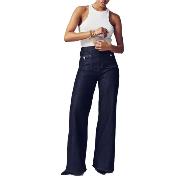 Women's Loose Plus Size Leisure Washed out Button Wide leg Pants Skinny Dark Blue Lengthened - Shop at LoveMi