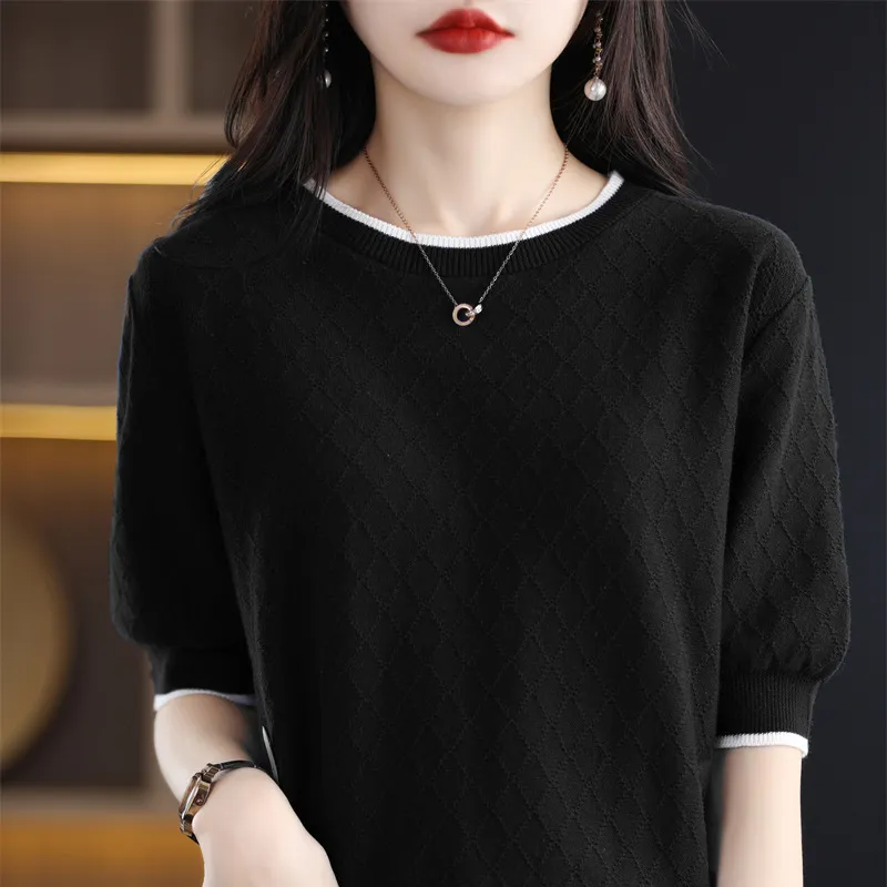 100 Cotton Knitted Short-sleeved Women's Loose Slimming Pullover Thin Bottoming T-shirt - Black