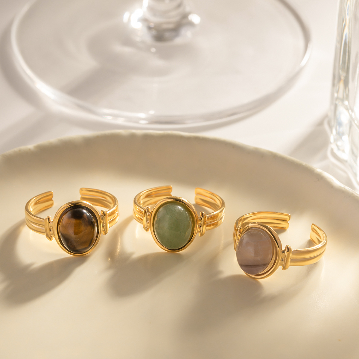 Oval Semi-precious Stone Open Ring Fashion Women