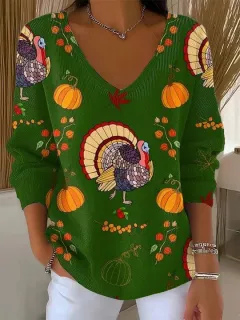 Drop Shoulder V-neck Long Sleeve Pullover 3D Digital Printing Women's Top T-shirt - 02 - View 1