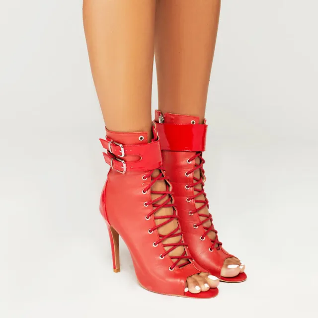 Female Fashion High Heel Open Finger Lace up High Top Ankle Boots Red - Shop at LoveMi