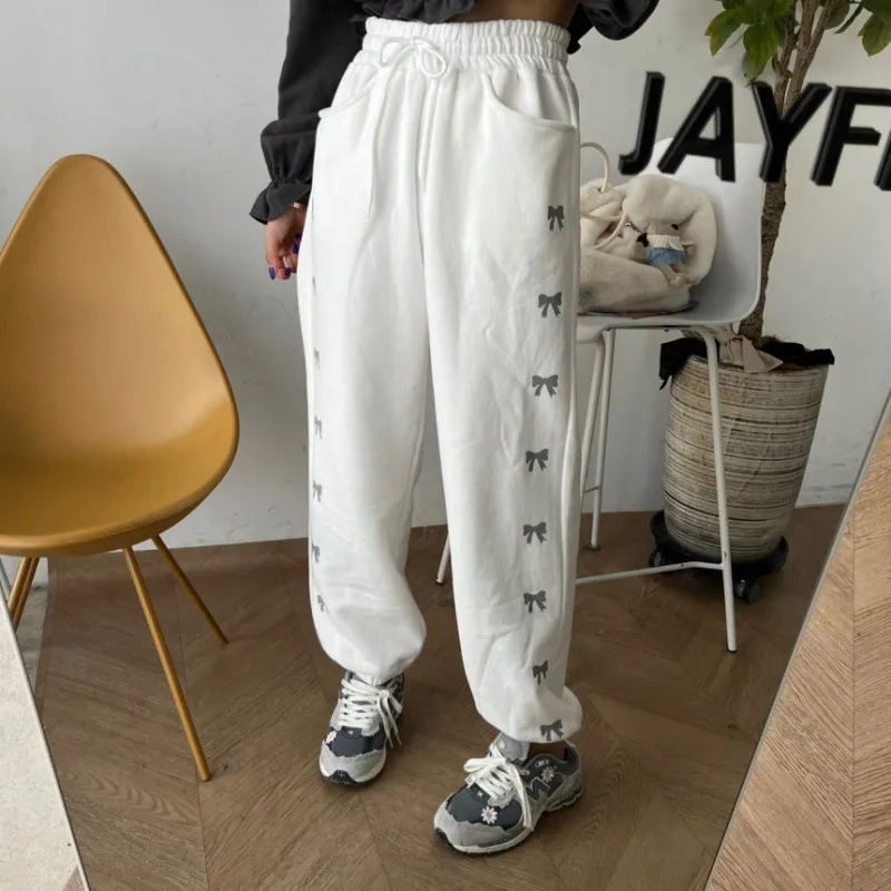 High Waist Elastic Bowknot Printing Plus Velvet Casual Pants - Black