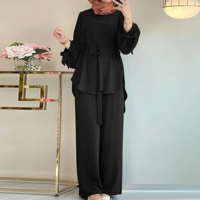 Women's Solid Color Drawstring Lace Two piece Round Neck Top Wide Leg Pants Elegant Suit Black - Shop at LoveMi