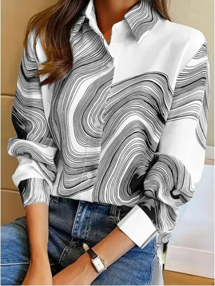 Ink Painting Cotton Linen Long Sleeve Blouse White - Shop at LoveMi