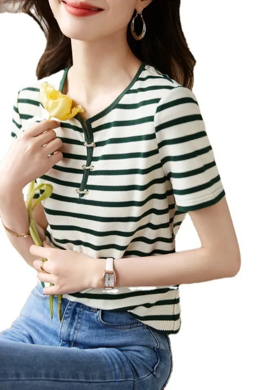 Striped Contrast Color Decorative Buckle Top Picture Color S - Shop at LoveMi
