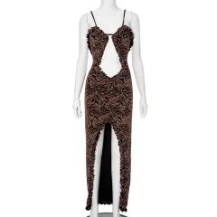 Women's Summer New Solid Color Casual Sleeveless Lace Cutout Slim Strap Dress - Brown - View 1