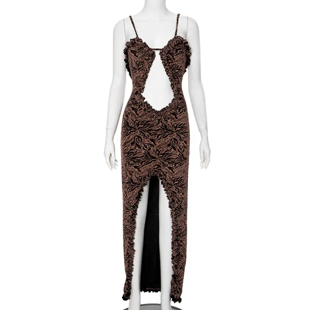 Women's Summer New Solid Color Casual Sleeveless Lace Cutout Slim Strap Dress Brown - Shop at LoveMi