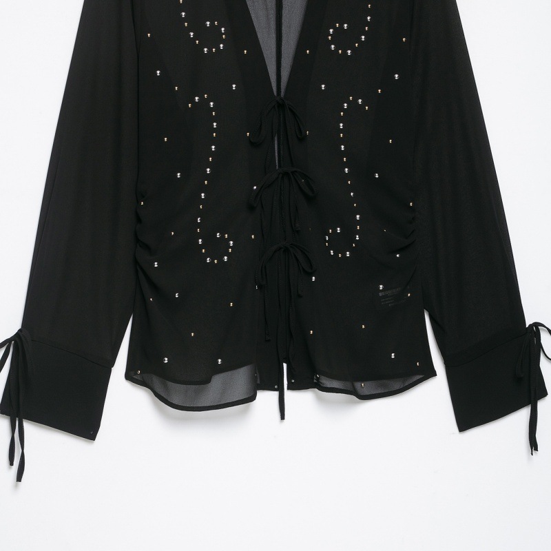 Womens Early-autumn Semi-transparent Lace-up Blouse With Rivet Detailing