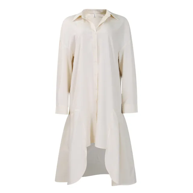 Loose fitting Long Sleeves Irregular Midi Dress Solid Color Apricot - Shop at LoveMi