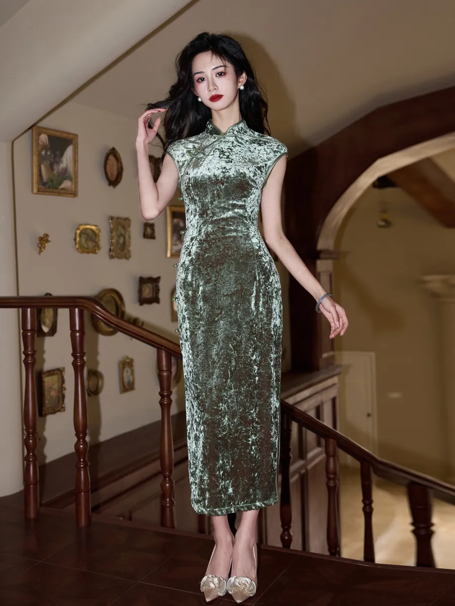 Chinese-style Women's Daily Wear Slim Dress - Olive