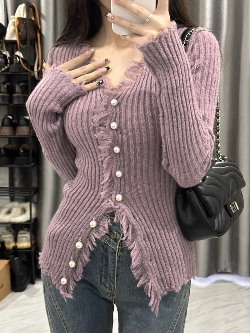 V-neck Sweater Solid Color Slim Fit Sunken Stripe Thick Burr Design Knitted Cardigan For Women - Purple