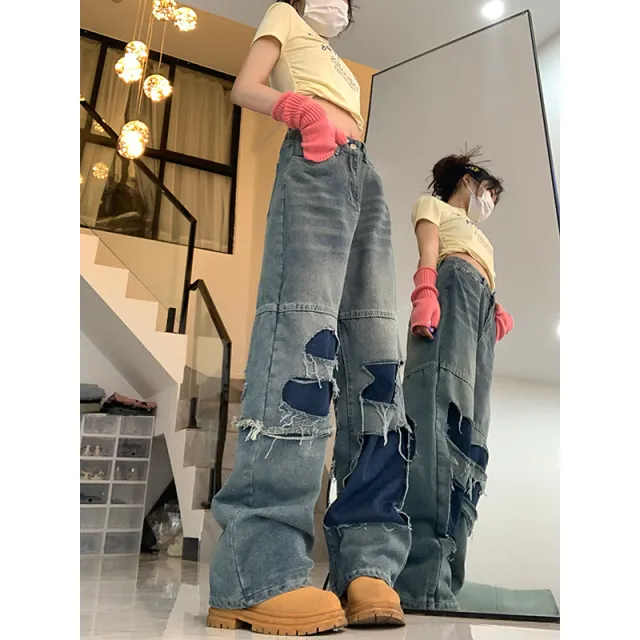 Ripped Stitching Burr Contrast Color Jeans Blue - Shop at LoveMi