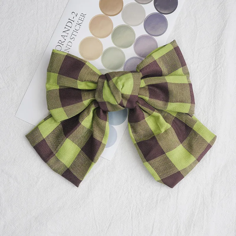 Cute Girl Plaid Fabric Bow Hair Clip - 3 Green