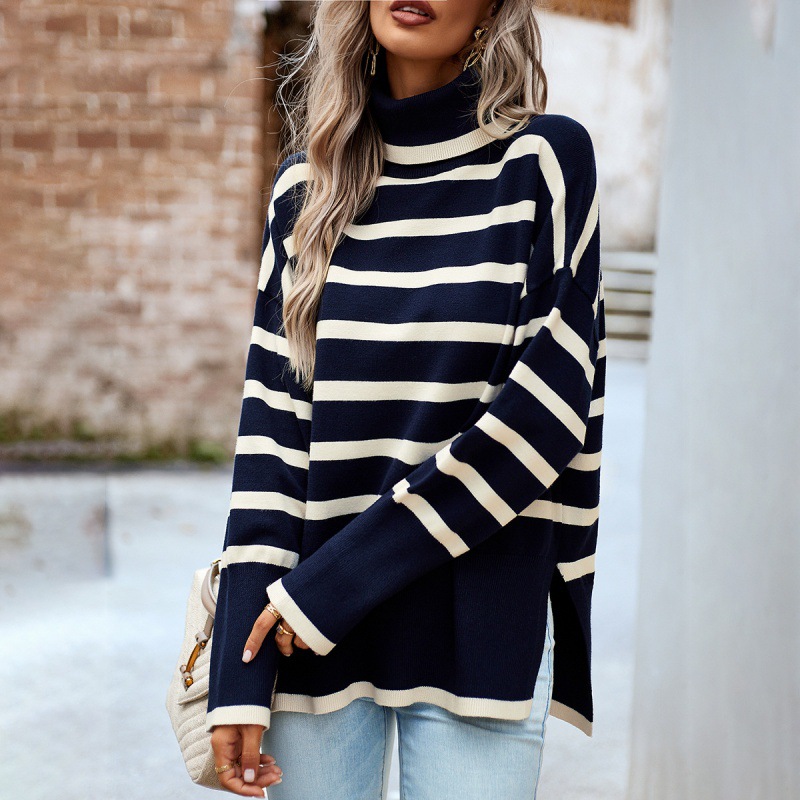Striped Turtleneck Sweater For Women Autumn And Winter Dark Blue - Shop at LoveMi