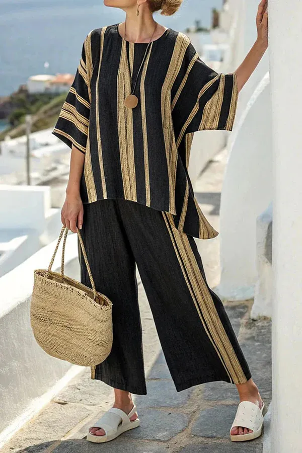 Summer Striped Suits Loose Batwing Sleeve T shirt And Solid Straight leg Pants C320C516Hwj10 - Shop at LoveMi