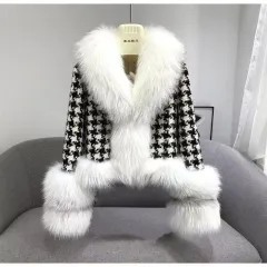 Fur Coat Women's Short Houndstooth Fur Collar Silver Fox Fur Jacket - White - View 1