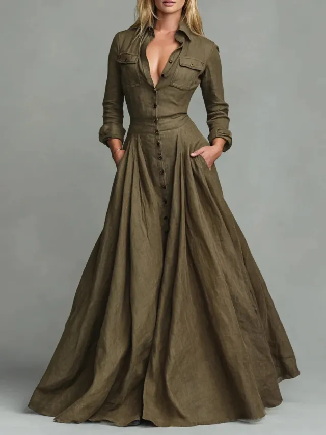 Solid Color Button down Collar Long Sleeve Dress Army Green - Shop at LoveMi