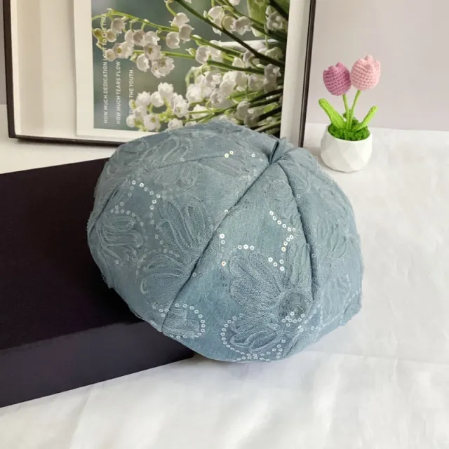 Mesh Sequins SUNFLOWER Decorative Washed Denim Octagonal Beret Blue - Shop at LoveMi
