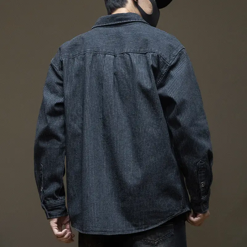 Japanese Style Stripe Denim Men's Long Sleeve Shirt