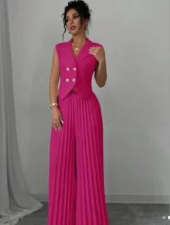 Summer Sleeveless Suit Fashion Lapel Button Vest Top And Pleated Straight Pants Women's Trousers Set Clothing - Rose - View 1
