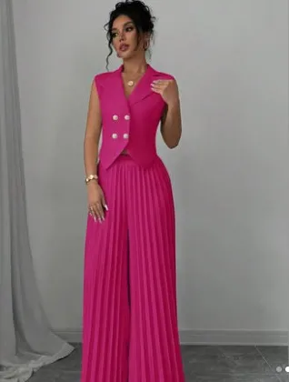 Summer Sleeveless Suit Fashion Lapel Button Vest Top And Pleated Straight Pants Women's Trousers Set Clothing Rose - Shop at LoveMi