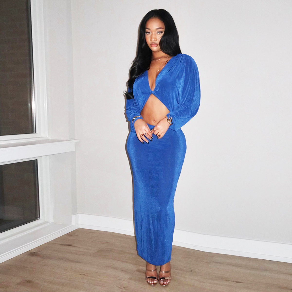 Midriff-baring Cutout Euro-American Style Long-Sleeve Dress