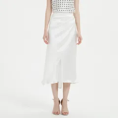Triacetate Satin Diagonal Cut Irregular Slit Half-length A- Line Sheath Long Skirt High Waist - White - View 1