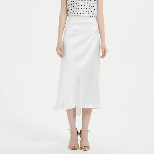 Triacetate Satin Diagonal Cut Irregular Slit Half length A Line Sheath Long Skirt High Waist White - Shop at LoveMi