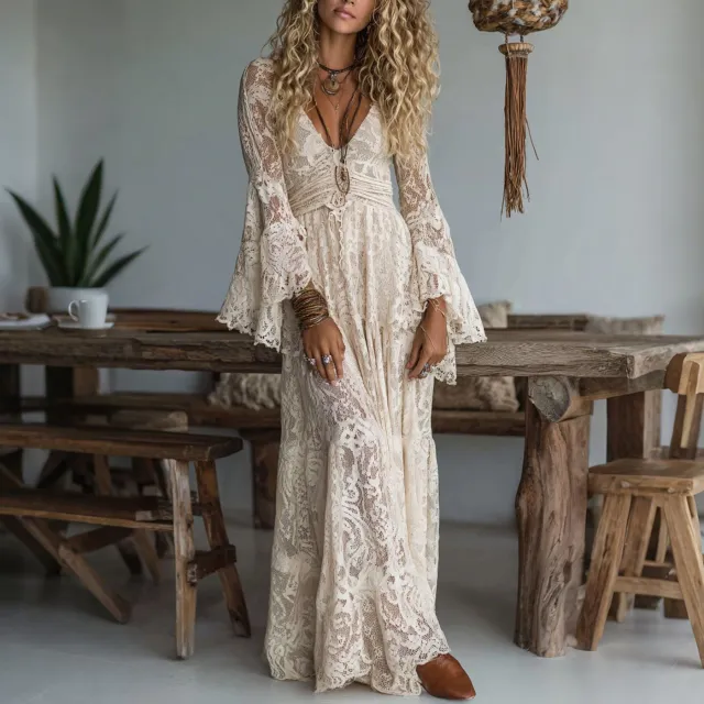 European Size Elegant V neck High waist Lace Trim Casual Long Sleeve Dress Apricot - Shop at LoveMi