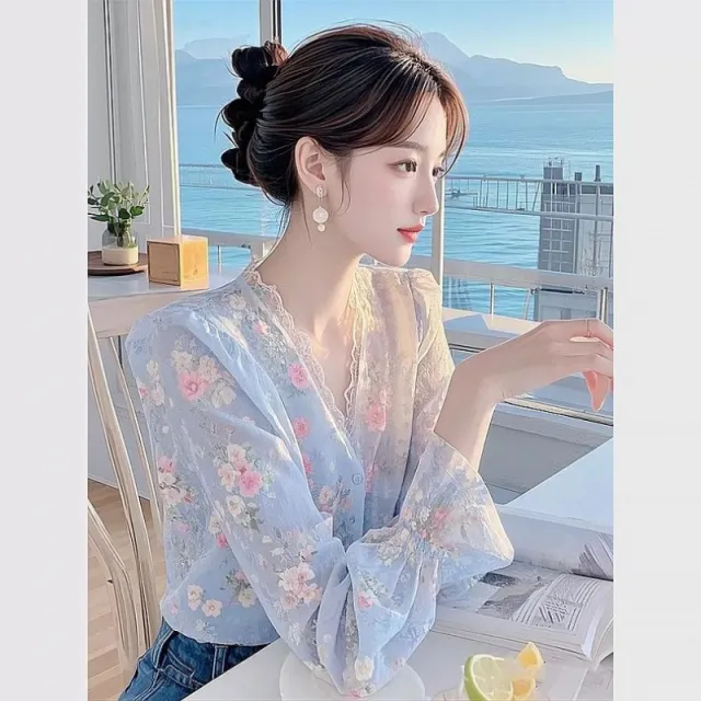 Lace Edge Floral Chiffon Shirt Blue - Shop at LoveMi
