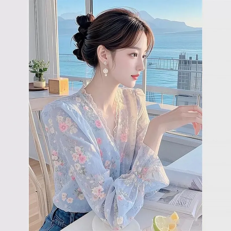 Lace Edge Floral Chiffon Shirt - Blue