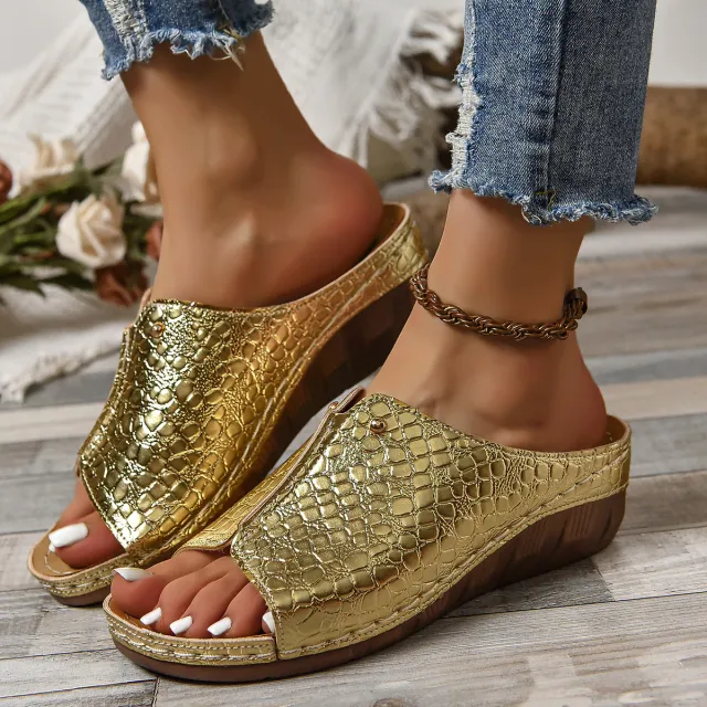 Women's Plus Size PU Thick soled Peep Toe Stitching Slippers Gold - Shop at LoveMi