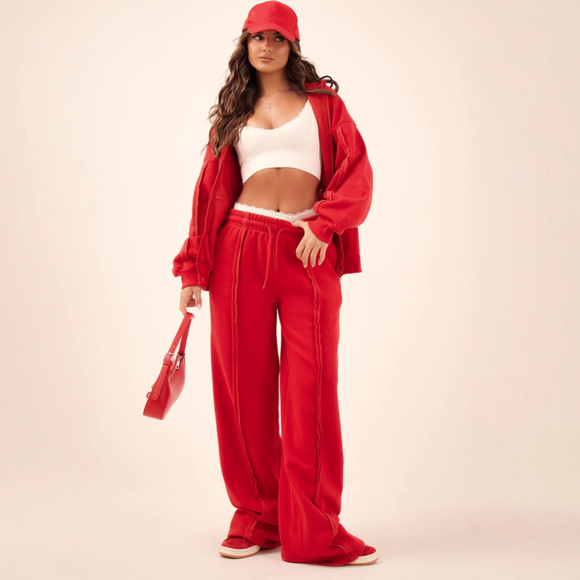 SpringSummer New Sexy Stylish Zip-Up Hoodie With Drawstring And Lace-up Pants Two-Piece Set