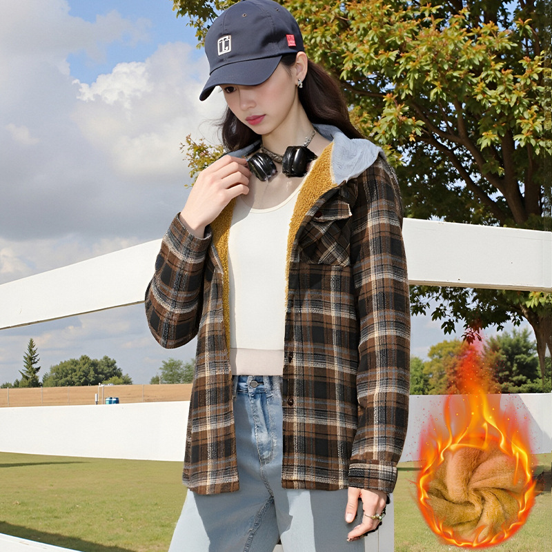 Casual And Loose Hooded Plaid Shirt Top For Women - Image 6