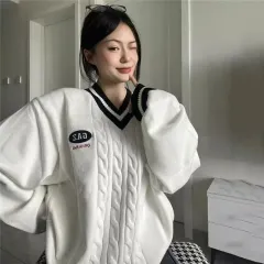 American-style Oversize Sweater V-neck Letter Embroidery Twist Fall And Winter Outer Wear Sweater Lazy Sweater - White - View 1