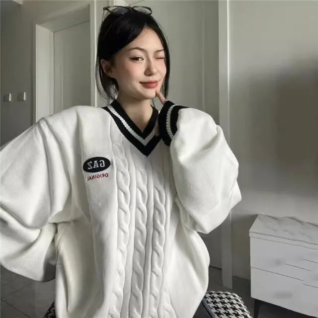 American style Oversize Sweater V neck Letter Embroidery Twist Fall And Winter Outer Wear Sweater Lazy Sweater White - Shop at LoveMi