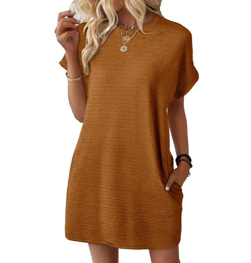 Summer New Loose Round Neck Pocket Solid Color Short Sleeve Dress Women Brown - Shop at LoveMi