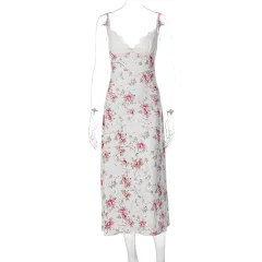 Floral Sexy Patch Lace Long Polyester Dress - Pink - View 1
