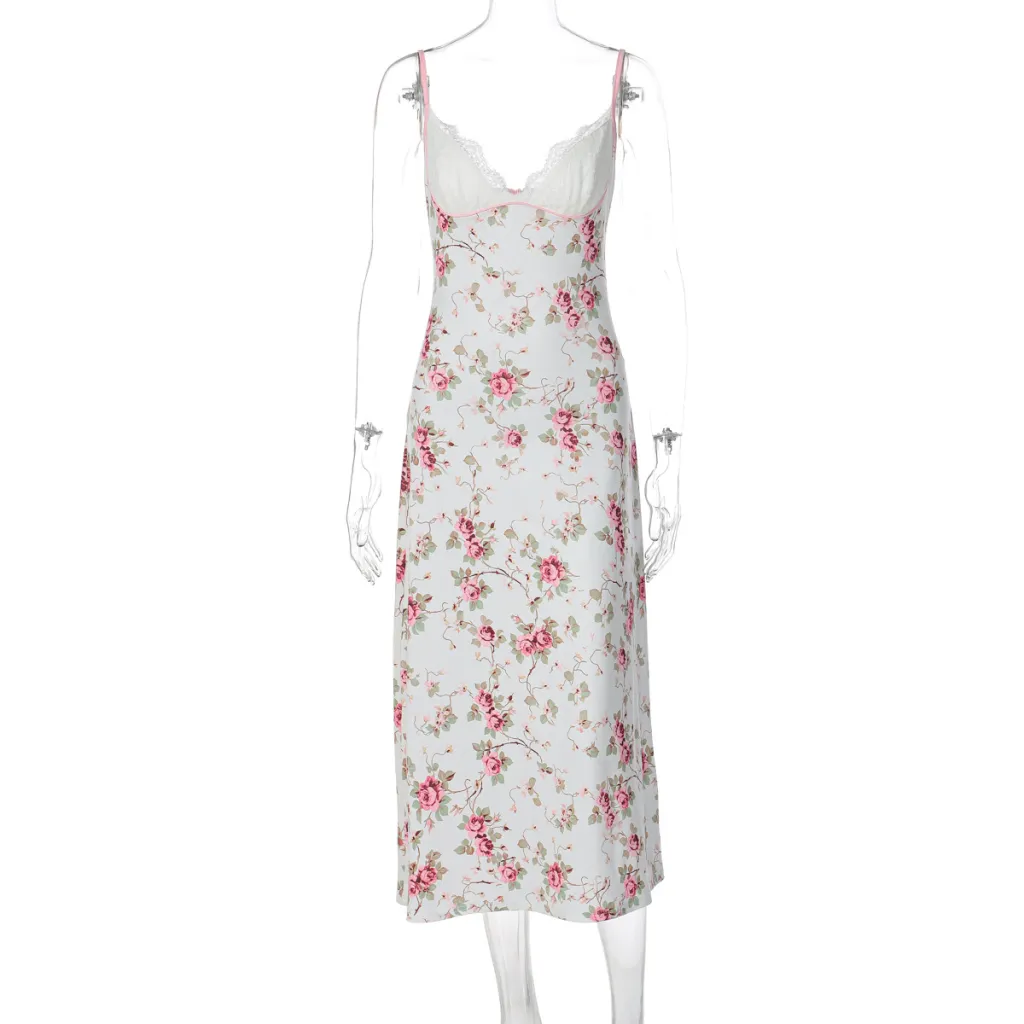 Floral Sexy Patch Lace Long Polyester Dress - Pink