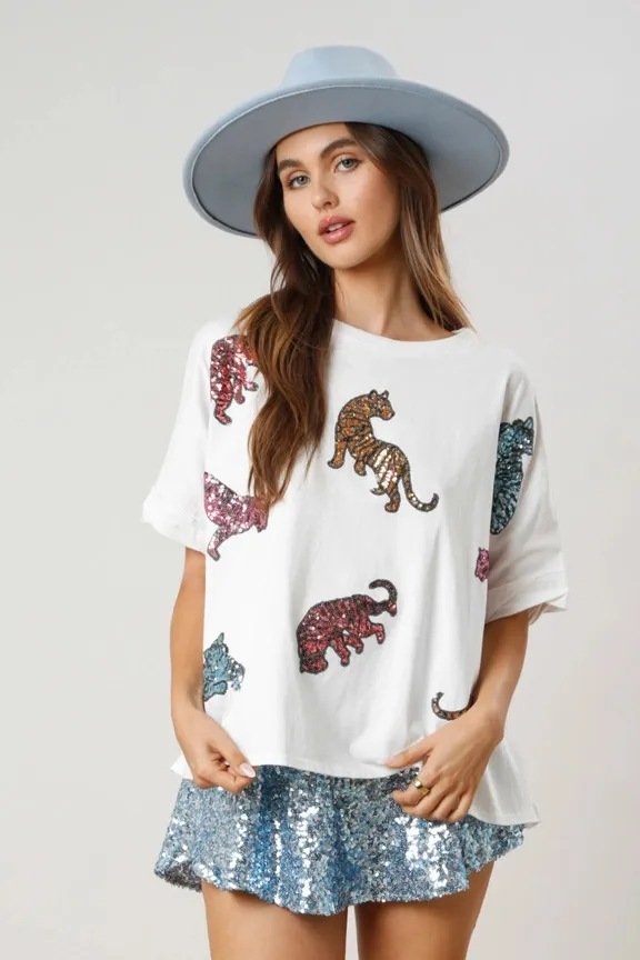 Tiger Sequined Top Casual Loose fitting T shirt White - Shop at LoveMi