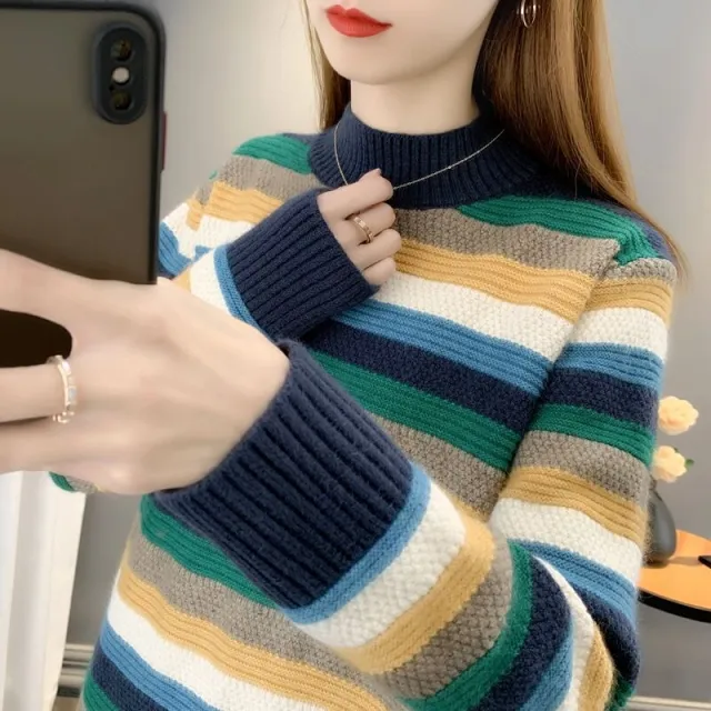 Mock neck Stripes Sweater For Women Navy Blue - Shop at LoveMi