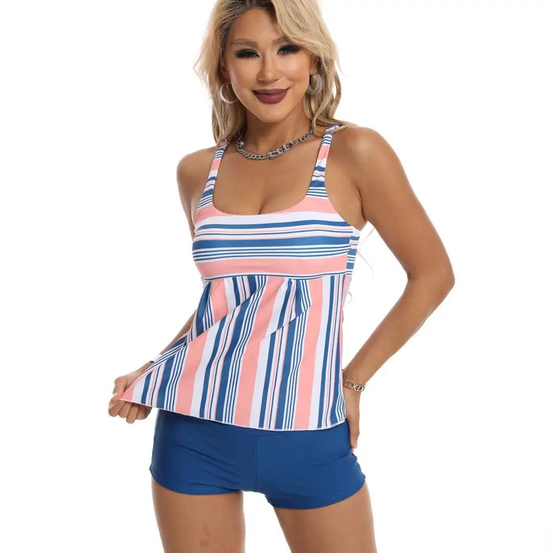Striped Printed Tummy-Hiding Slimming Plus-Size Bikini With Boxer Briefs