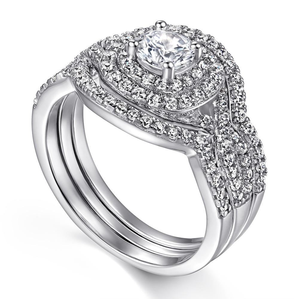 925 Sterling Silver Electroplated 18K Gold Micro Inlay Artificial Diamond Ring Three-piece Set