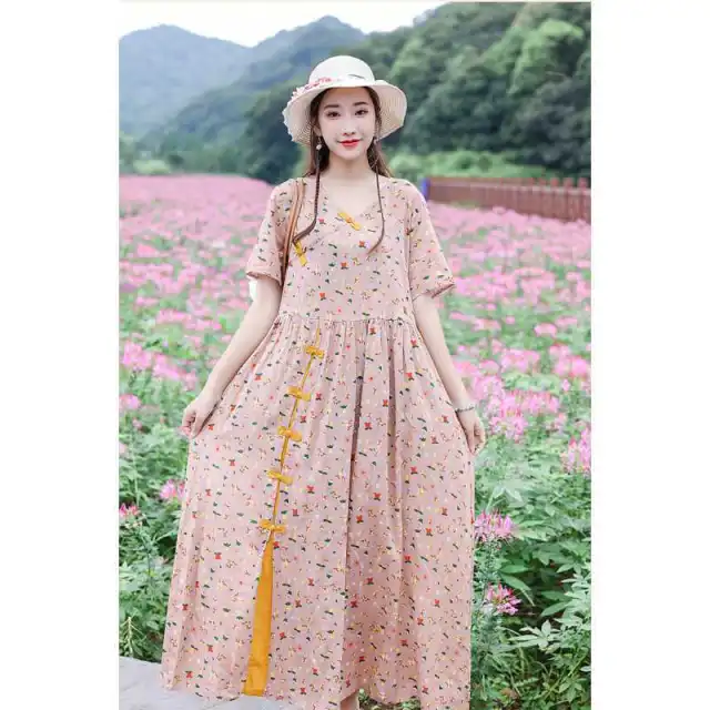 Artistic Retro Ethnic Style Loose Plus Size Slimming Floral Frog Button Dress Pink - Shop at LoveMi
